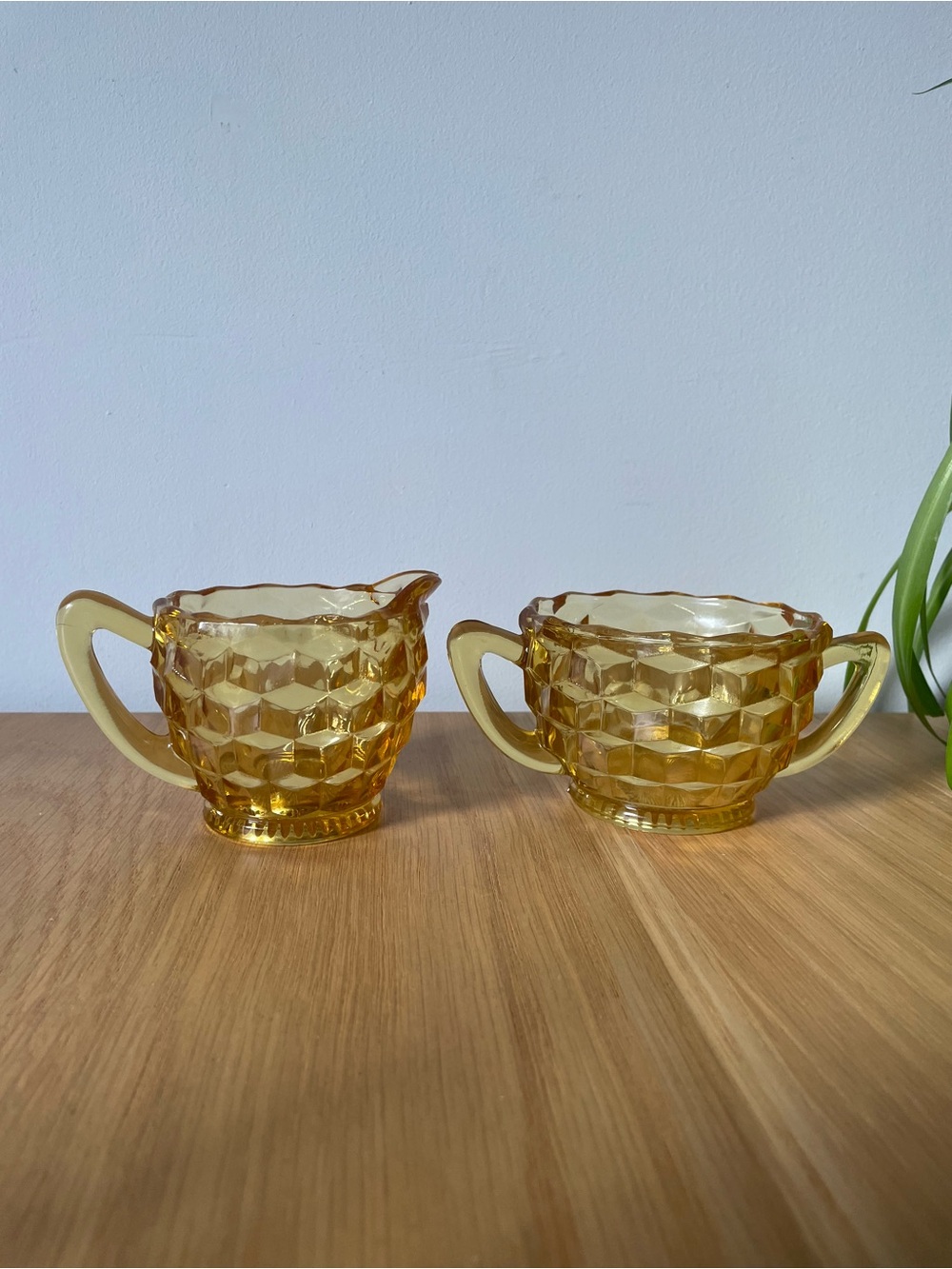 Vintage Jeannette Cubist Amber Depression Glass Creamer and Sugar Set 1930s